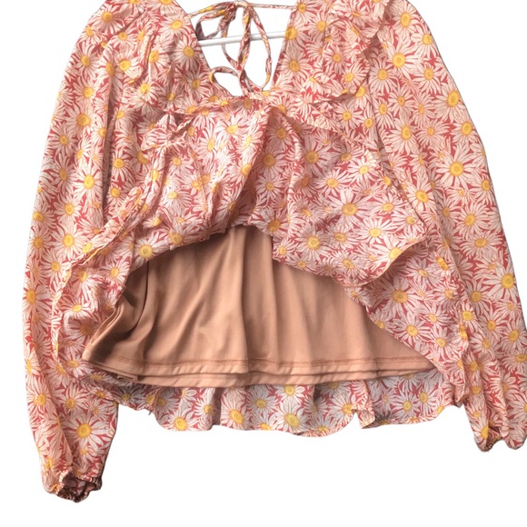 Simply Southern Floral Blouse Lined Baby Doll AOP Daisies LG Tie Back Ruffle - Picture 3 of 8